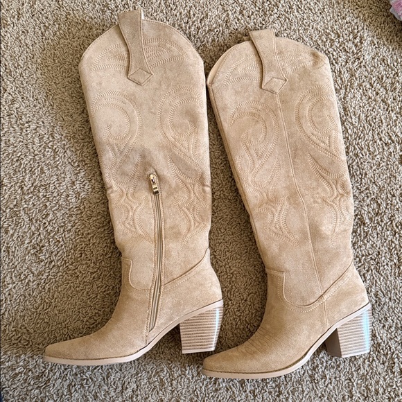 Wetkiss Shoes - Over-the-Knee Suede Boots in Tan with Block Heel